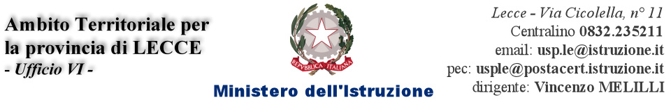 MINISTERO DELL'ISTRUZIONE - Ufficio Scolastico Regionale per la Puglia Ufficio VI - Ambito Territoriale LECCE